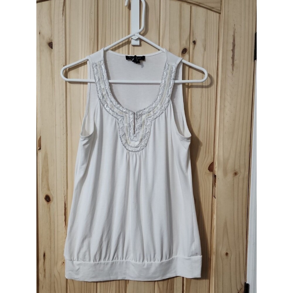 White House Black Market White Sleeveless Beaded Scoop Neck Tank